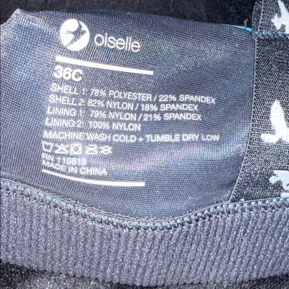 Oiselle Teal Bra with Black Bird Pattern 36C New - Picture 7 of 11